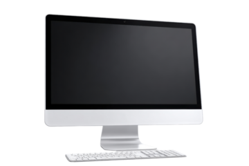 Silver all in one computer with white keyboard on black background technology desktop