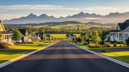 A residential street lined with houses leads towards distant mountains under a blue sky.