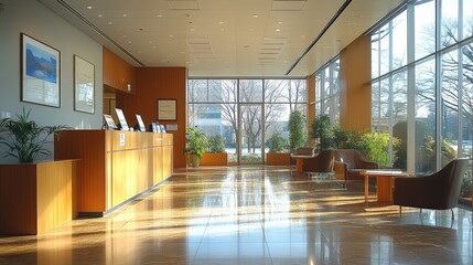 Fototapeta premium A tranquil lobby featuring large windows with a view of a peaceful outdoor scene. Wooden furniture and potted plants enhance the calm and inviting atmosphere.