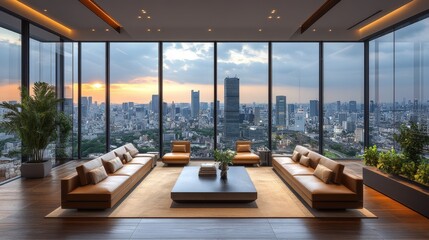 A bright and airy modern living room features floor-to-ceiling windows offering a stunning view of a cityscape bathed in the warm colors of a sunset. The interior design is contemporary and stylish.