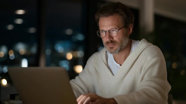 A remote coder working at night with soft LED lights, watching code stream through a build pipeline on a laptop &mdash; authentic software workflow, continuous integration process, and modern remote tech