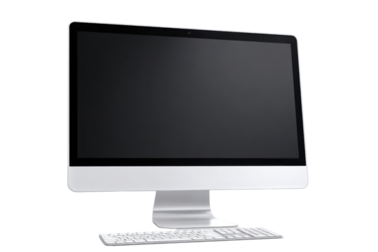 Silver all in one computer with white keyboard on black background technology desktop