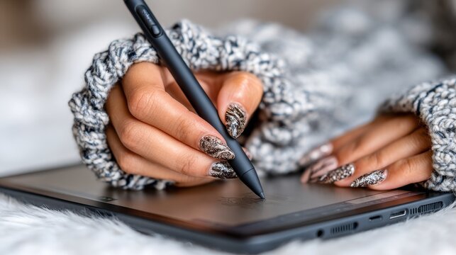 Cup of coffee next to tablet computer with blank white screen and wireless stylus pen for drawing and writing on the screen.