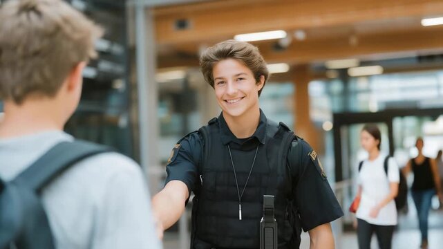 A school safety officer gently guiding students through a well-organized morning entry checkpoint with ID scanning and bright directional signs &mdash; secure campus environment, modern security