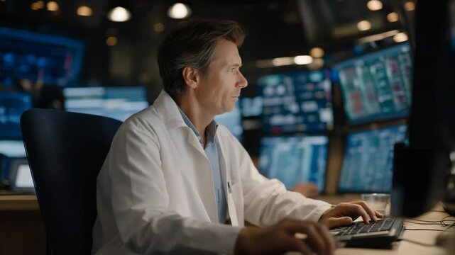 A simultaneous interpreter translating medical conference presentations, surrounded by scientific charts and technical terminology &mdash; healthcare communication, precision translation, and global