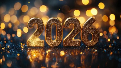 Golden 2026 numerals rest on a shimmering surface amid glittering bokeh and confetti, evoking a festive, elegant New Years Eve and holiday celebration atmosphere