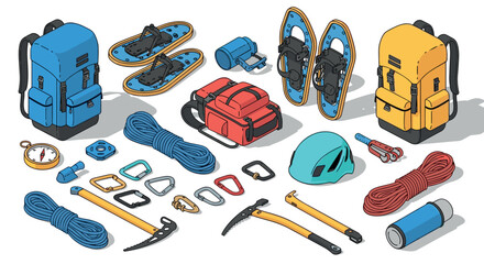 Outdoor adventure gear collection with hiking and climbing equipment in isometric style