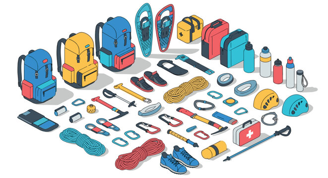 Outdoor adventure gear in isometric style for hiking and camping enthusiasts