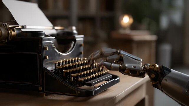 AI robot hand delicately pressing the keys of an antique typewriter in a dimly lit study, each keystroke blending mechanical past and digital future &mdash; a surreal, thought-provoking image symbolizing