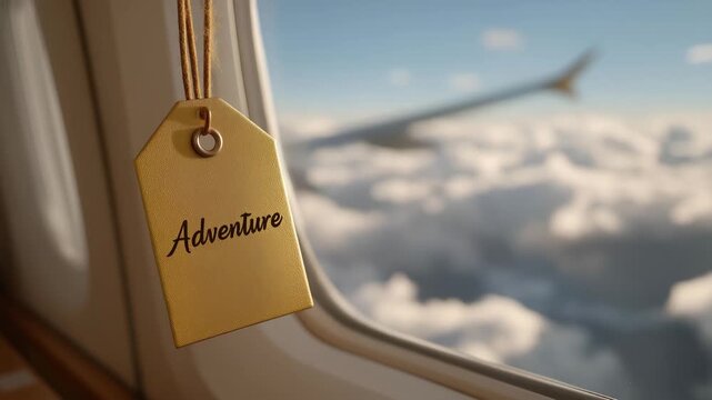 Airplane window view showing tag or sticker with the word &ldquo;Adventure&rdquo; as clouds pass below &mdash; concept of wanderlust, exploration, and freedom through travel photography. cinematic color correction,
