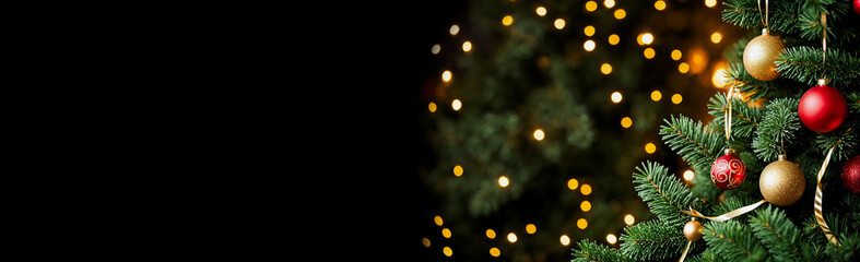 Obraz premium selective-focus of festive decoration on green christmas fir tree with bokeh lights in the background on dark background