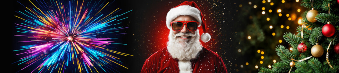 Santa Claus happy smile with cool sunglasses and fireworks and christmas fir tree