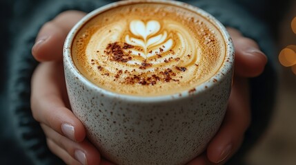 A close-up shot of a hand holding a cup of latte art coffee, garnished with cinnamon. The focus is on the intricate coffee design and the warm, inviting beverage.