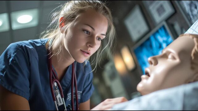 Medical student practicing with realistic simulation mannequin in training center, educational atmosphere
