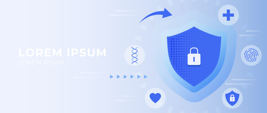 Health insurance protection shield with lock and medical icons of hospital cross, fingerprint, heart, DNA . Secure digital healthcare system, medical safety, wellness security tech blue background