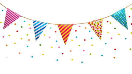 Colorful party bunting flag decorations with confetti hanging on a string over white background design