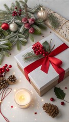 Share your warm wishes with this image idea. Top view of magnificent giftbox with red ribbon, sparkling ornaments, frosty fir, cone, holly berries, candle on light backdrop, ready for personalized ad