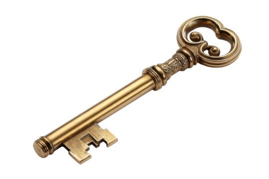 Ornate antique brass skeleton key with intricate handle on black background gold metal, Isolated On White Background, Png Transparent
