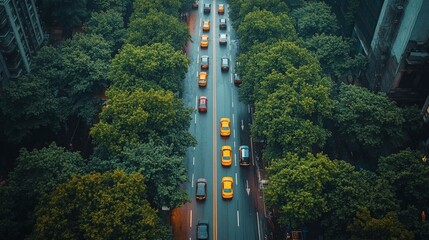 An aerial perspective showcases a vibrant street scene with numerous yellow taxis navigating a tree-lined urban avenue. The image conveys movement, city life, and a classic New York aesthetic.
