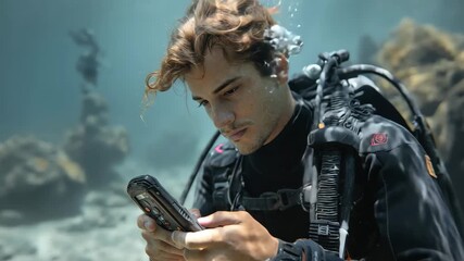 Scuba instructor examines dive computer underwater while ensuring safety during deep sea exploration