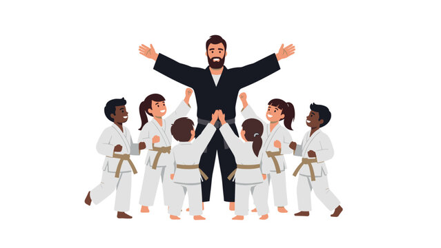 Martial arts class with enthusiastic children and instructor for educational and motivational design