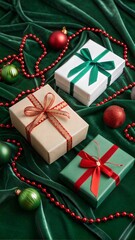 A holiday-themed arrangement featuring various gift boxes adorned with colorful ribbons, set against a luxurious green velvet background additional festive elements like red beads and green baubles en