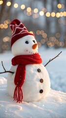 Snowman on the snowy ground wearing a hat and a knitted scarf with a gorgeous and classy bokeh background.