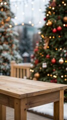 Wooden table in front of abstract blurred Christmas decorations background
