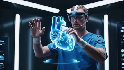 Medical professional with augmented reality headset examines holographic heart projection. Doctor uses futuristic digital technology for cardiovascular diagnosis and anatomical visualization. Modern - Powered by Adobe