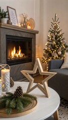 Christmas modern decoration on table against burning fireplace. Stylish wooden star decor in festive room, christmas eve time. Atmospheric christmas time.