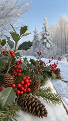 Christmas decoration of holly berry and pine cone. Winter natural decoration