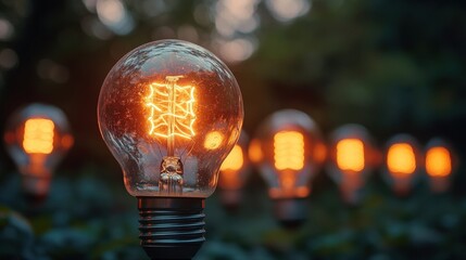 A sharply focused image of a single glowing light bulb, contrasted with a blurred background of other lights. This creates a sense of depth and highlights the bulb's illumination.