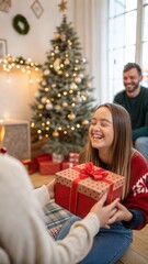 Merry Christmas and Happy Holidays! Hand holding christmas gift box on background of happy woman closing eyes waiting for surprise. Exchanging presents at christmas tree in atmospheric room