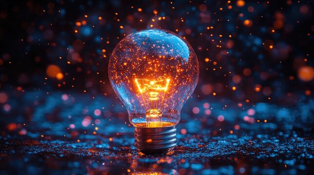 A dramatic image of a lightbulb emitting a vibrant spectrum of blue and orange light against a deep black background.  Suggests innovation, energy, and vibrant color.