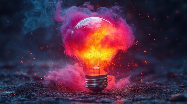 A dramatic image of a lightbulb radiating a bright glow, enveloped by swirling, fiery smoke against a dark, undefined background. Evokes themes of innovation, energy, and transformation.