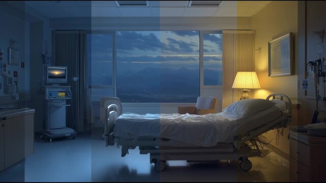 Time-lapse of hospital room transitioning from day to night as patient recovers, storytelling mood
