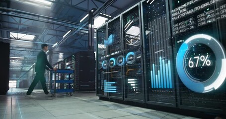 Asian and White It Engineers Walk Through a Vast Data Center, Analyzing Holographic Dashboards on Server Racks, Tracking Cloud Capacity,  Managing Infrastructure, Secure Data Operations on Tablets. - Powered by Adobe