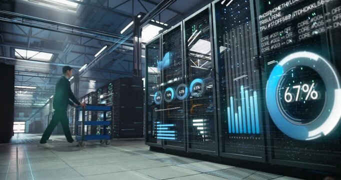 Asian and White It Engineers Walk Through a Vast Data Center, Analyzing Holographic Dashboards on Server Racks, Tracking Cloud Capacity,  Managing Infrastructure, Secure Data Operations on Tablets.