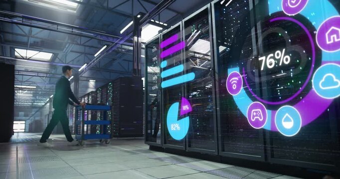 Engineers Walk Through Data Center, Supervising  Server Racks, Tracking Cloud Utilization, Network Uptime, and Digital Transformation Metrics on Tablets While Coordinating Infrastructure Maintenance