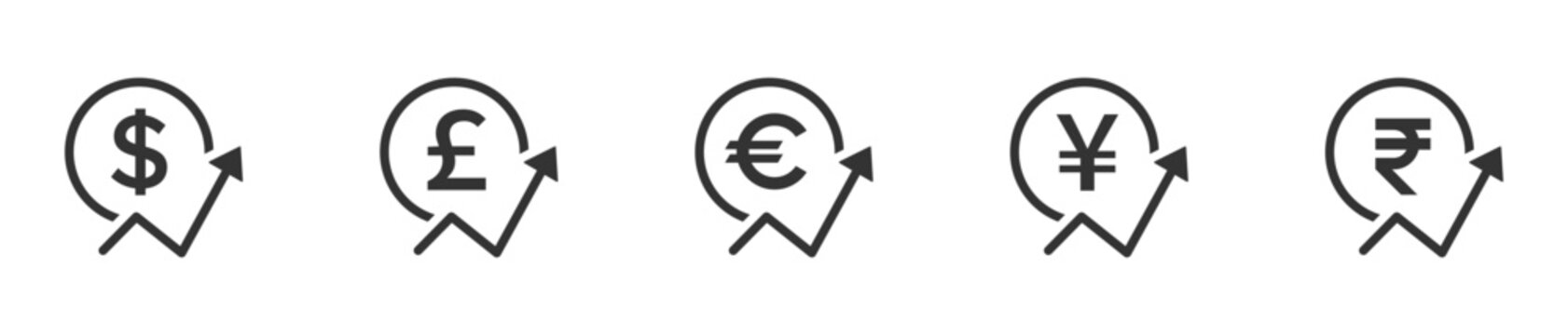 Cost increase icons set. Euro, Dollars, Pound, Yen and Rupee price increase icon. Value of money increase concepts