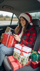Young woman dressed for the holidays drives in car on back seat with beautifully wrapped Christmas presents and using phone. In anticipation of the winter holidays, preparation and shopping concept