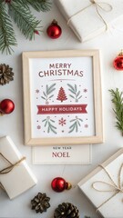 Merry Christmas and Happy Holidays greeting card, frame, banner. New Year. Noel. Christmas white handmade gifts and red decor on light background top view. Winter xmas holiday theme. Flat lay