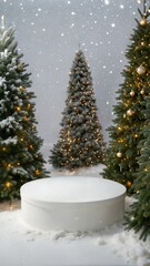 White podium with fir trees and falling snow. Display for winter holidays, New Year and Christmas product presentation
