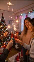 Friends celebrating Christmas or New Year eve party with Bengal lights and rose champagne.