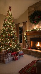 Interior of living room with fireplace, presents and Christmas tree