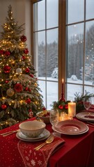 Christmas and New Year 2025, a beautiful setting of the New Year's table in red, against the background of a decorated Christmas tree and a window with a winter landscape