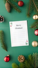 Christmas card flat lay. Modern greeting card mock up with stylish christmas decorations, fir branches, ornaments on green background. Empty postcard template with space for text. Merry Christmas!