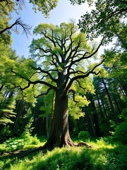 Fototapeta premium A lone ancient oak tree stands tall in a sun-dappled forest clearing, surrounded by lush undergrowth, undergrowth, clearing