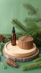 Wooden podium with branches of green spruce and cone on green background. Concept scene stage showcase, product, promotion sale, presentation, beauty cosmetic. Wooden stand studio empty
