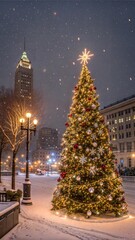 big beautiful Christmas Tree with decorations and Illuminations in snowy night. New Year and Christmas holiday background. Festive winter city landscape.